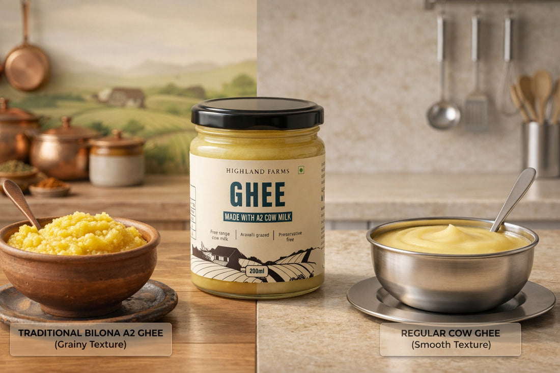 A2 ghee vs regular ghee comparison showing grainy bilona texture and smooth texture with Highland Farms ghee jar