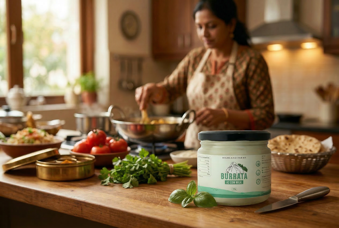 Highland Farms Burrata Cheese on a wooden kitchen counter while an Indian woman prepares food in a home kitchen.