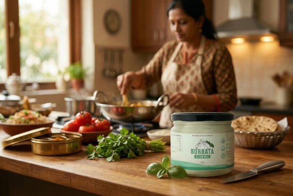 Highland Farms Burrata Cheese on a wooden kitchen counter while an Indian woman prepares food in a home kitchen.