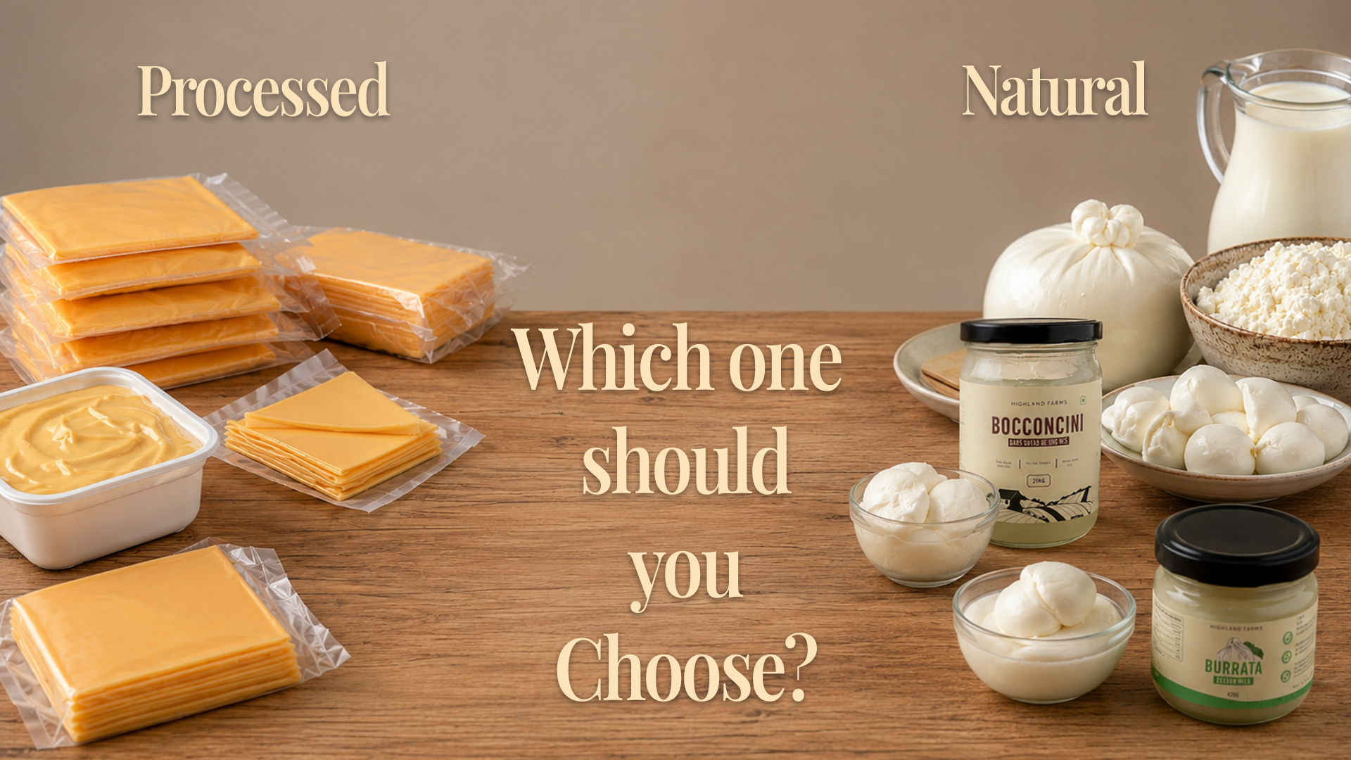 Processed cheese and natural cheese comparison featuring cheese slices, fresh mozzarella, ricotta, and dairy products with the text 'Which one should you choose?