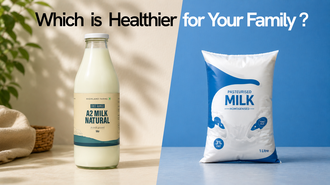 Farm fresh milk bottle and packaged milk pouch with the text “Which is Healthier for Your Family?” comparing fresh and packaged milk options.