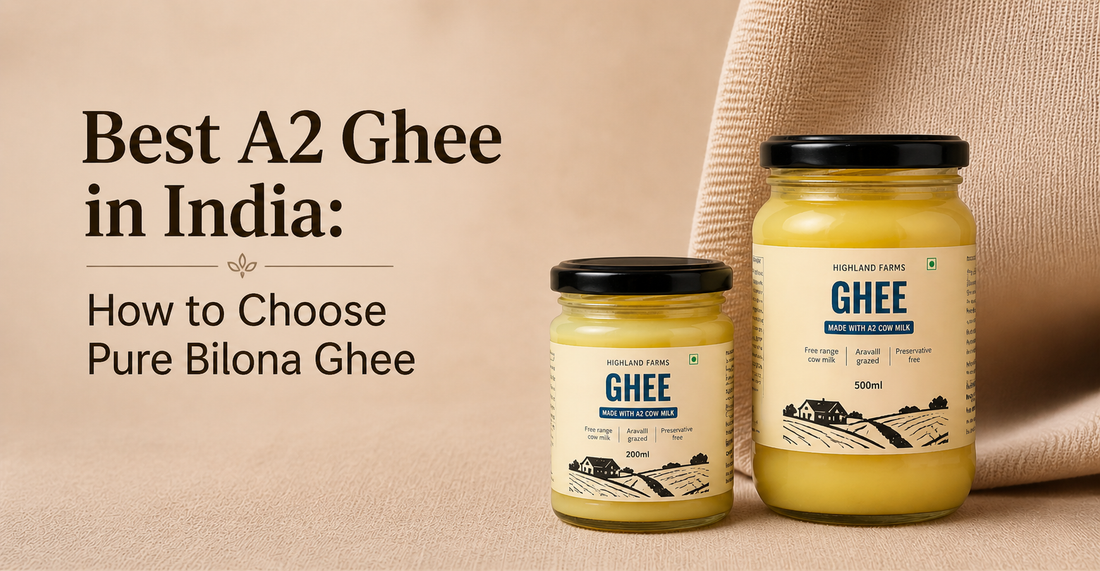 Best A2 ghee in India jars by Highland Farms with pure Bilona ghee made from desi cow milk