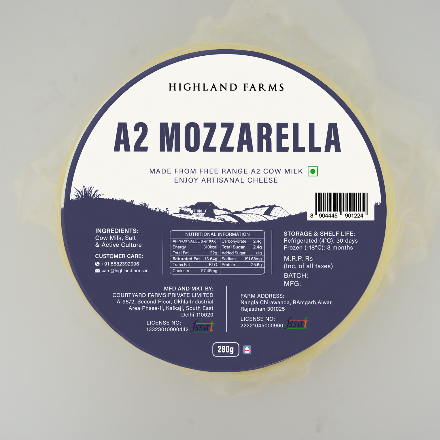 Highland Farms A2 Mozzarella cheese label on a white background