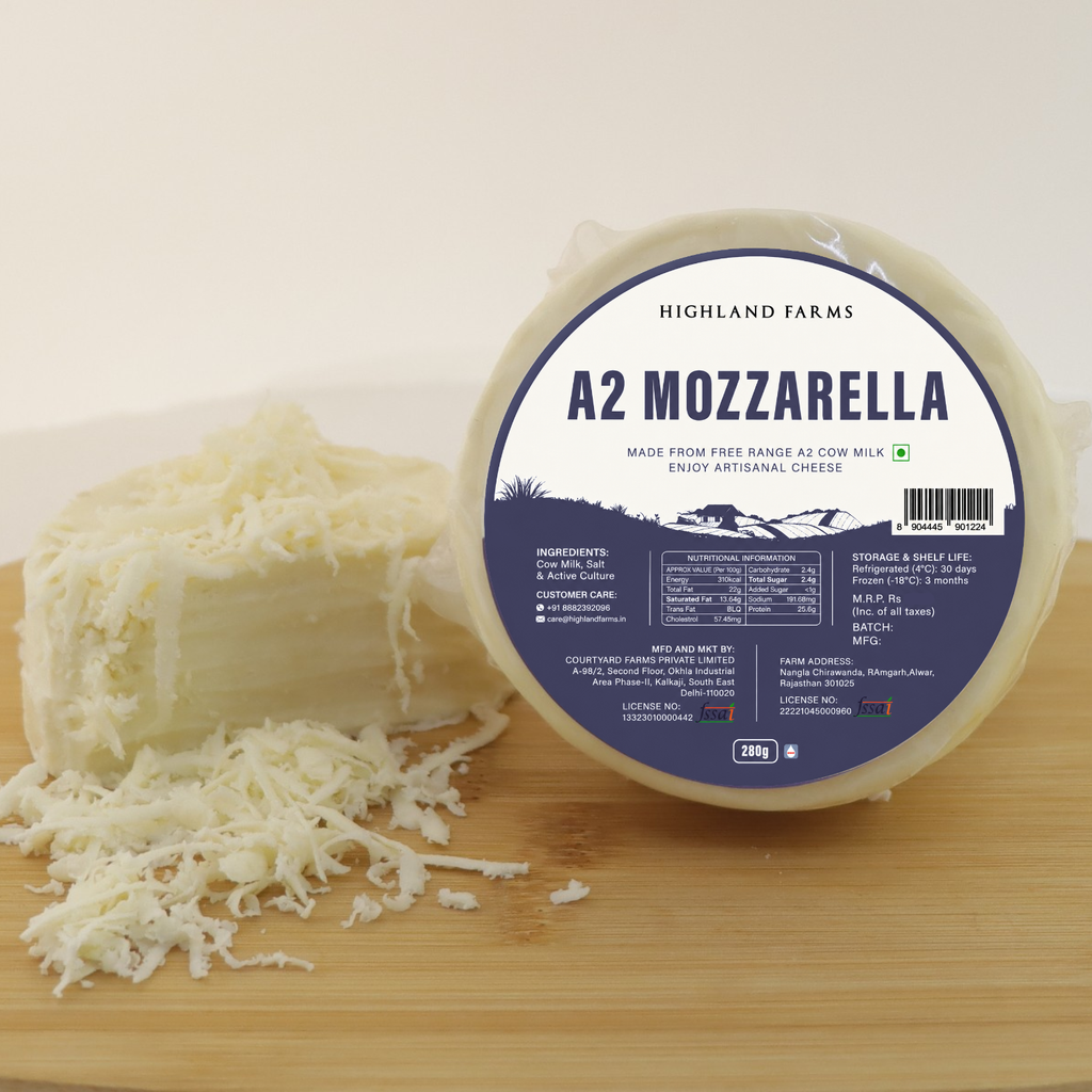 A2 Mozzarella cheese with packaging on a wooden board