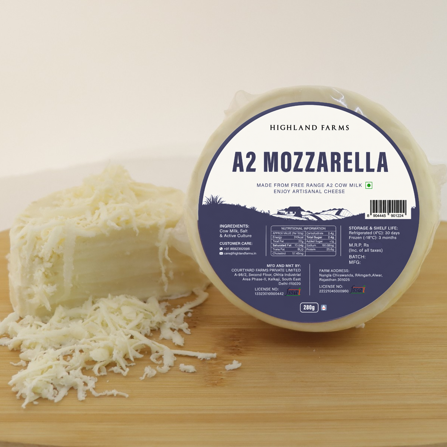 A2 Mozzarella cheese with packaging on a wooden board