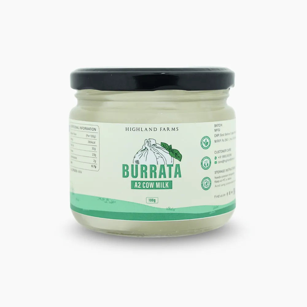 Jar of Highland Farms Burrata on a white background