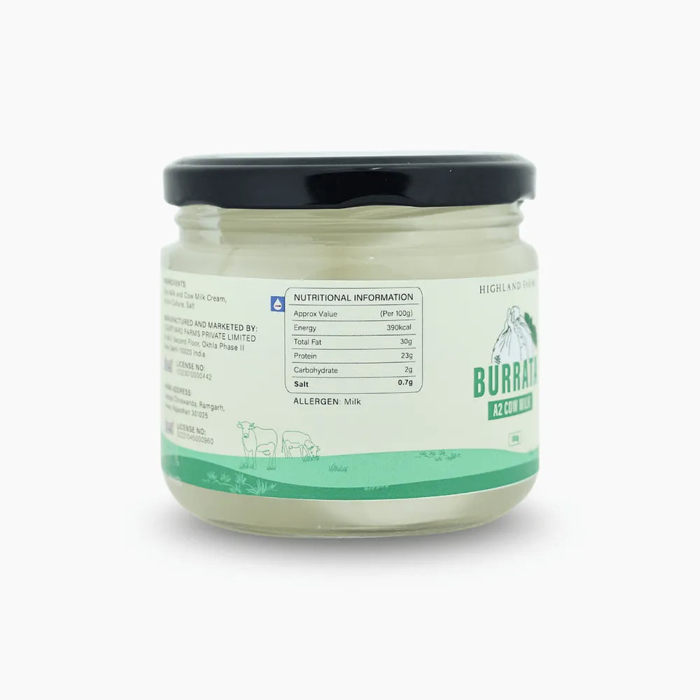 Jar of cream Fresh Burrata (A2 Milk) a green label on a white background