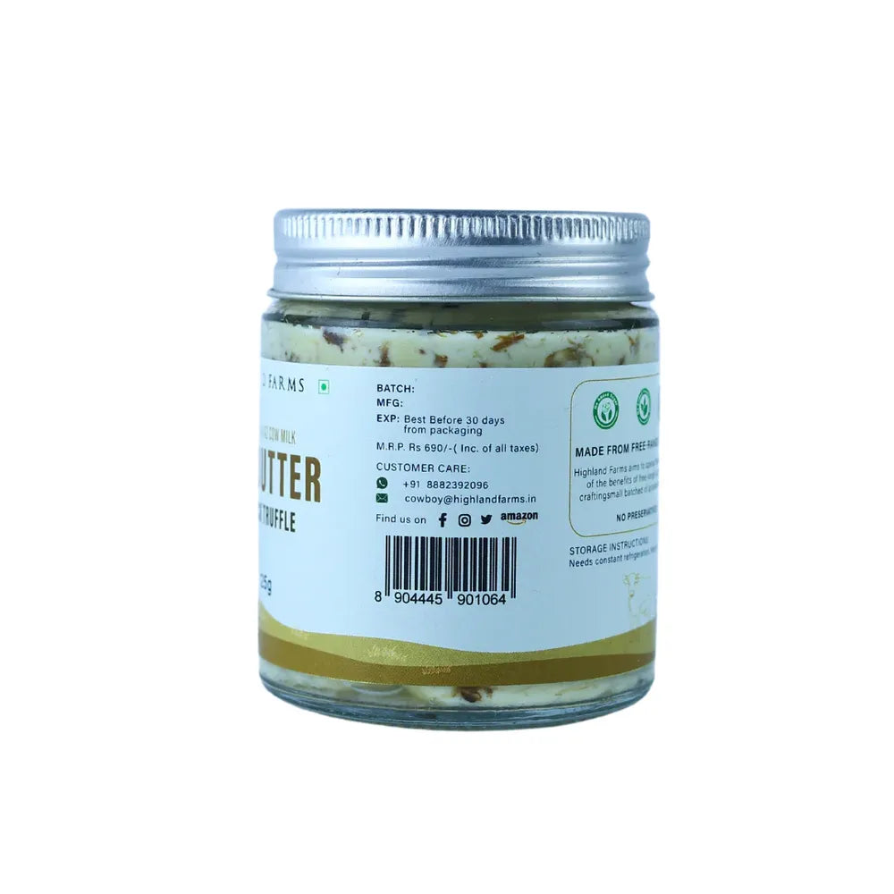 Highland Farms A2 black truffle butter barcode packaging details 125g jar premium dairy product