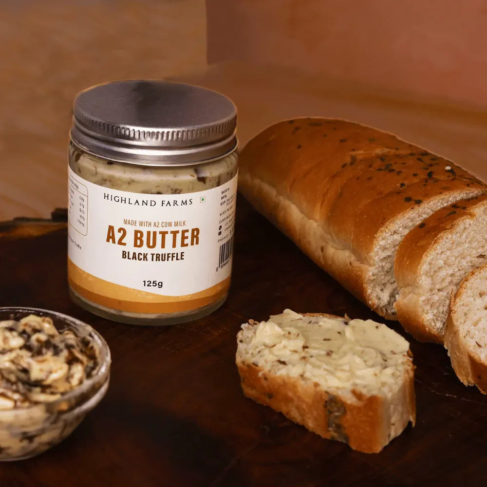 A2 black truffle butter jar with bread slices and creamy spread gourmet butter for breakfast and cooking