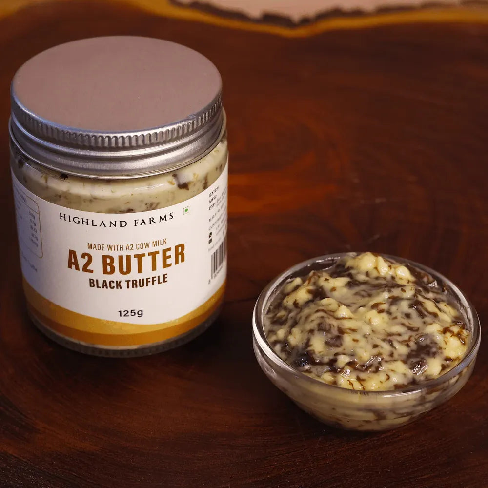 Highland Farms A2 black truffle butter jar with creamy textured butter in bowl rich artisanal dairy product India