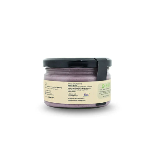 Back label of blueberry A2 cream cheese showing ingredients FSSAI and manufacturing details Highland Farms