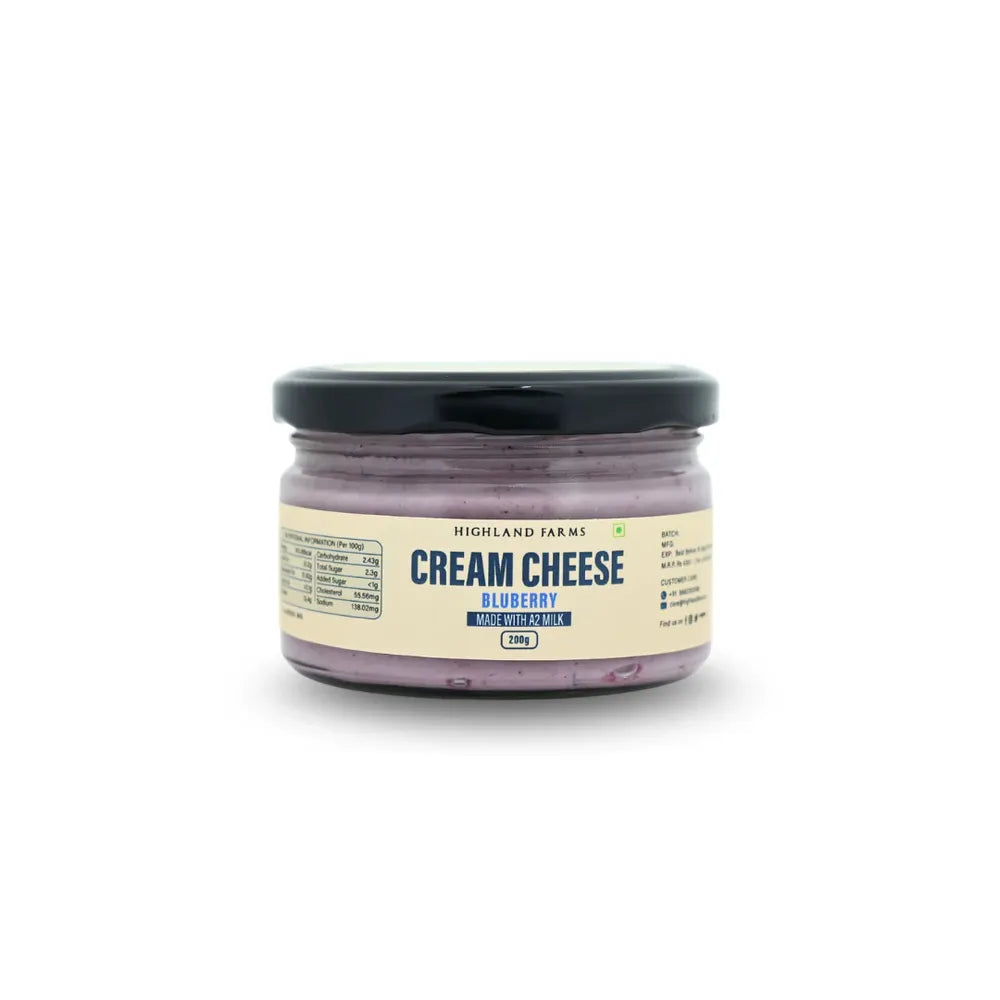 A2 blueberry cream cheese made from desi cow milk Highland Farms 200g jar front view Delhi NCR