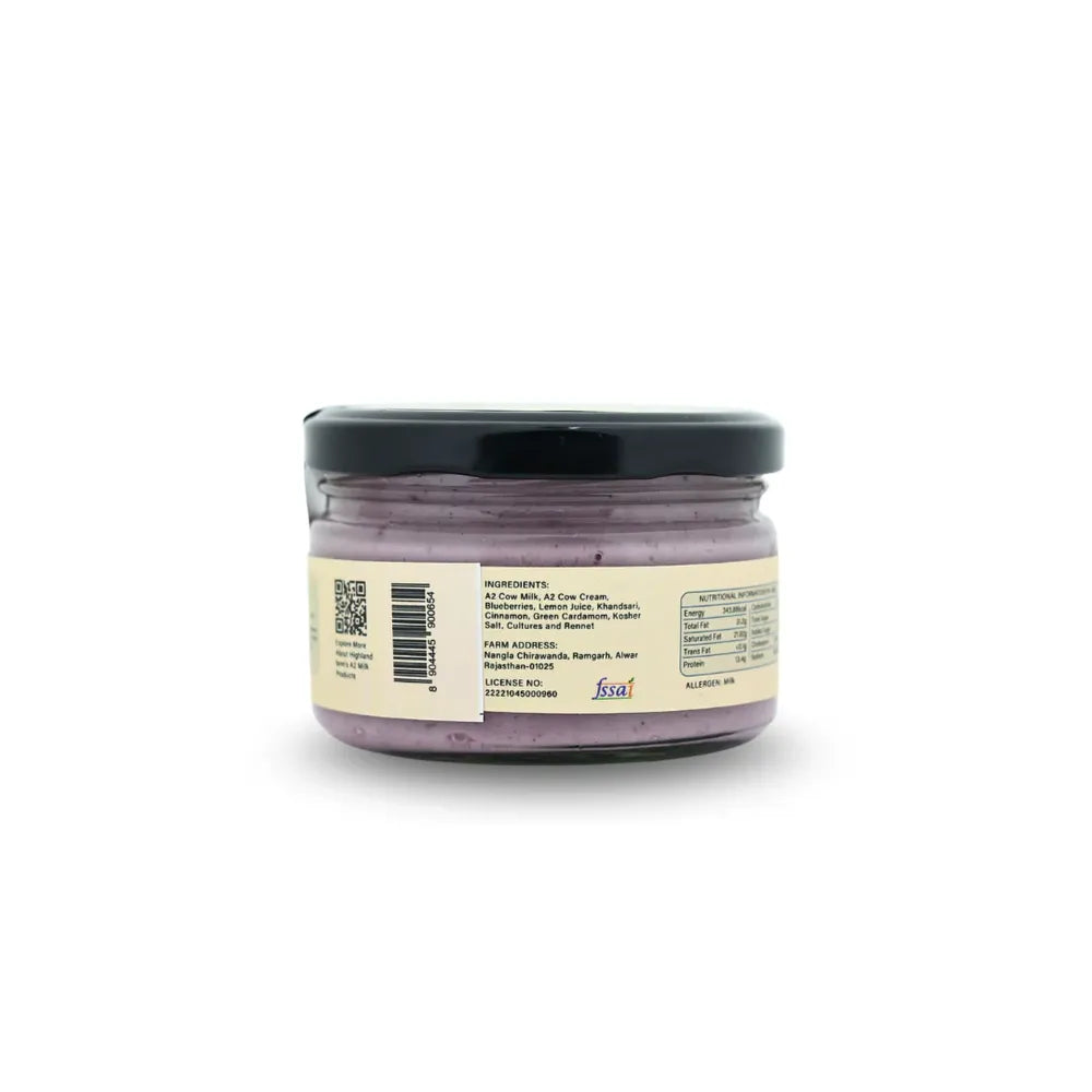 Nutrition facts of blueberry A2 cream cheese showing protein fat and calories Highland Farms Delhi NCR