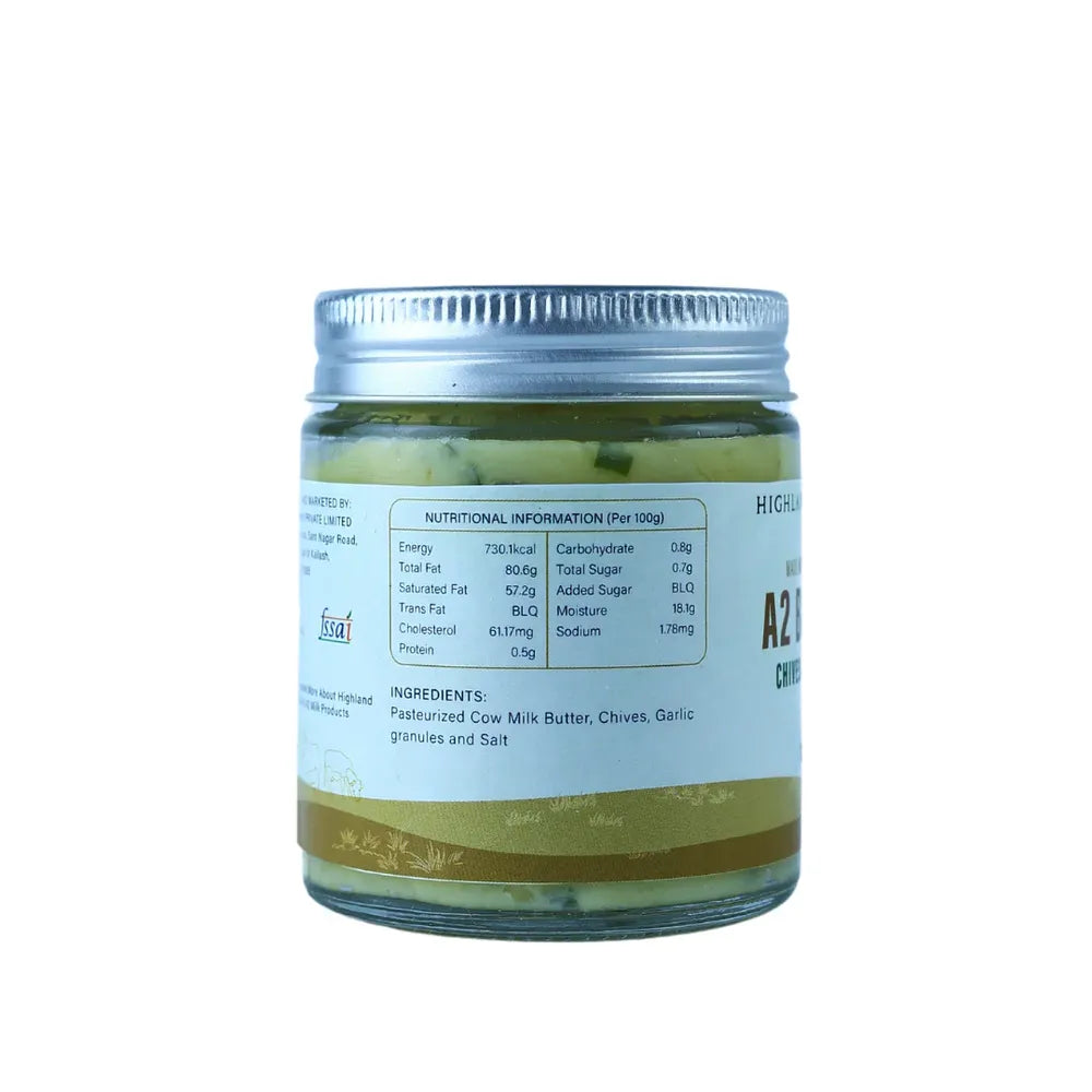 A2 butter chives and garlic nutrition information ingredients label Highland Farms flavored butter jar
