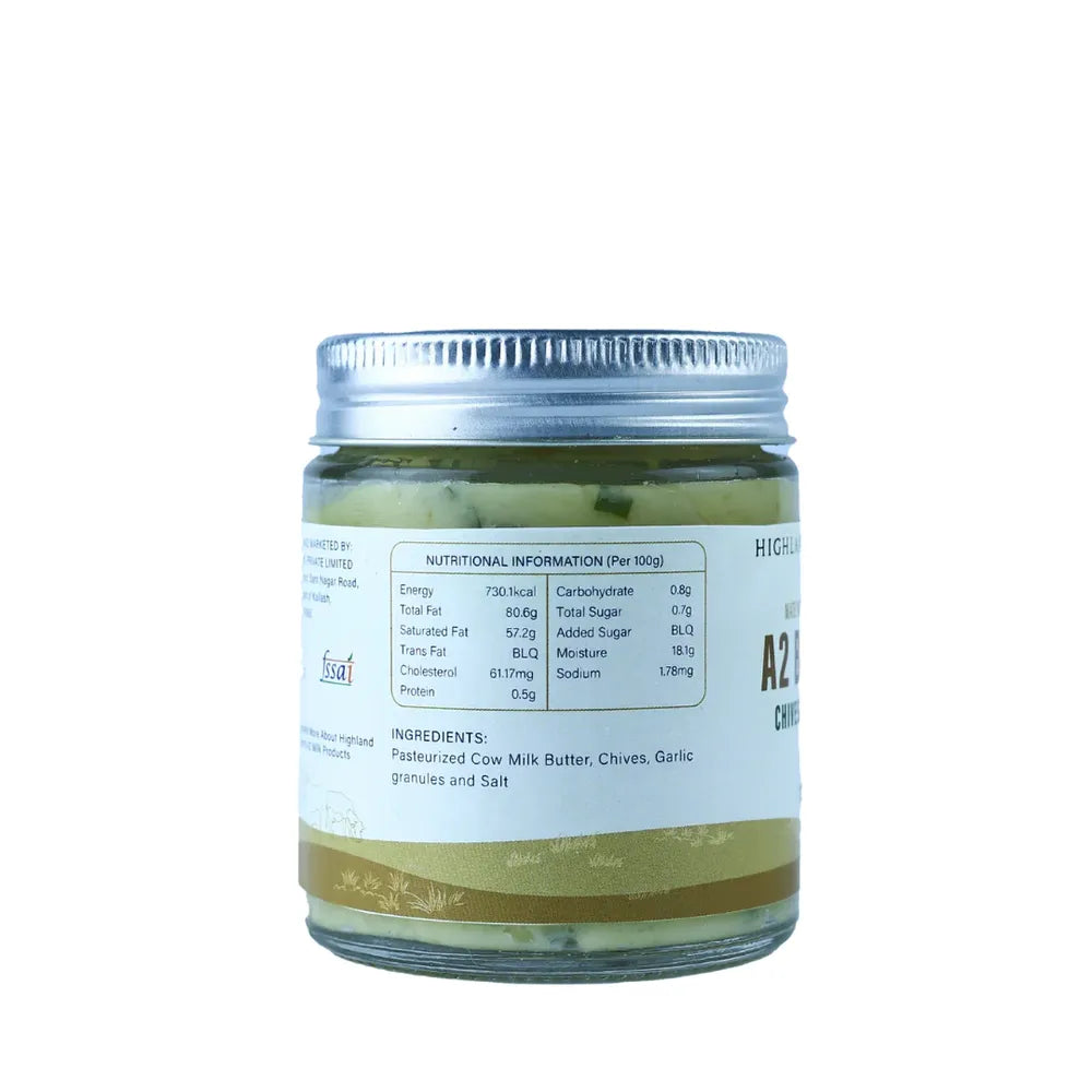 A2 butter chives and garlic nutrition information ingredients label Highland Farms flavored butter jar