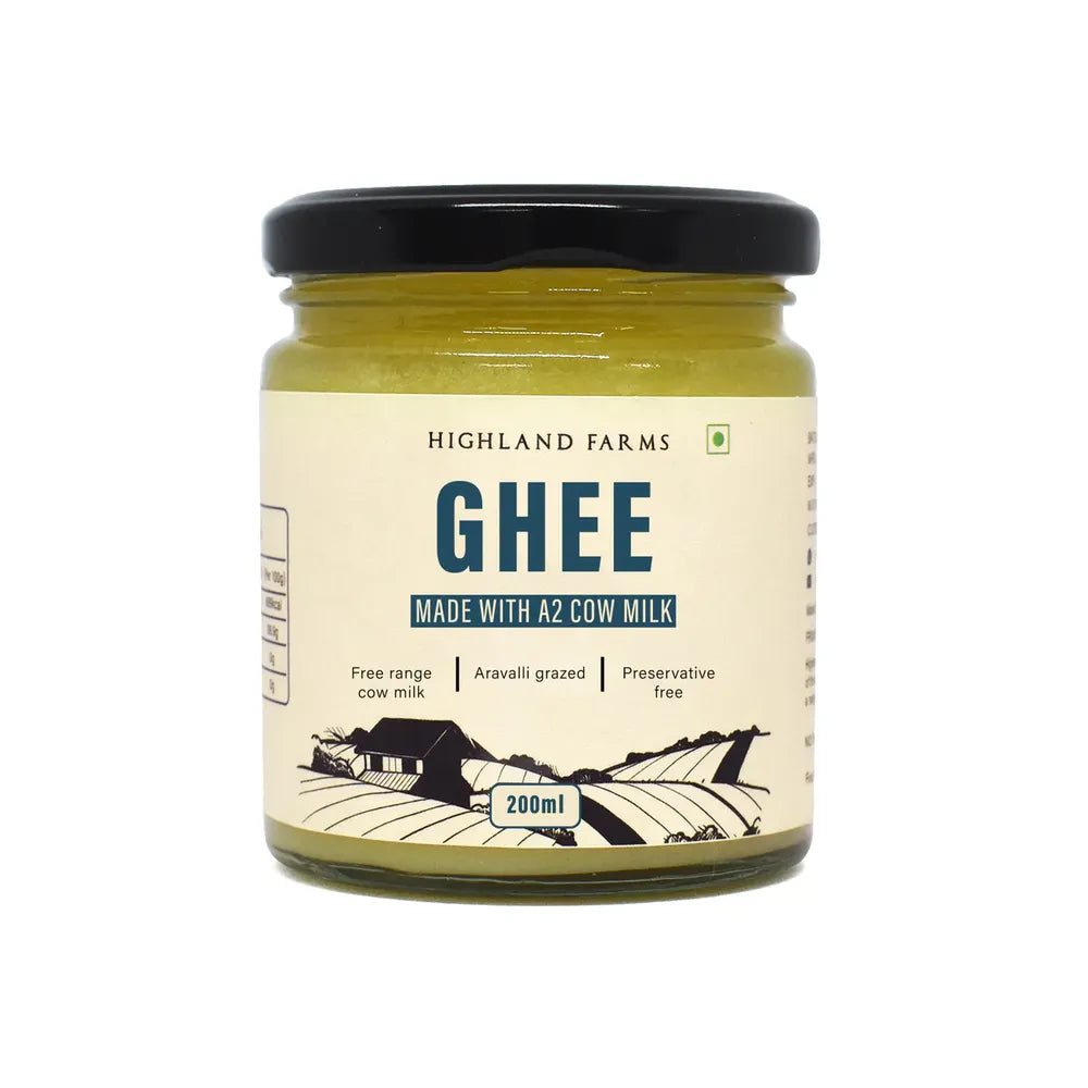 Small 200ml jar of A2 cow ghee made from free range cow milk using traditional bilona process by Highland Farms
