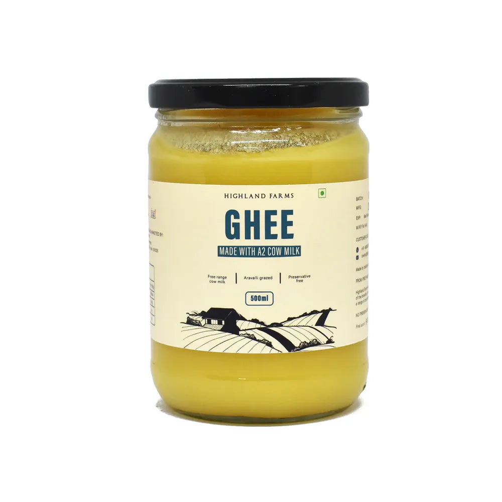 A2 cow milk ghee 500ml jar by Highland Farms made using bilona method from free range desi cows in Delhi NCR