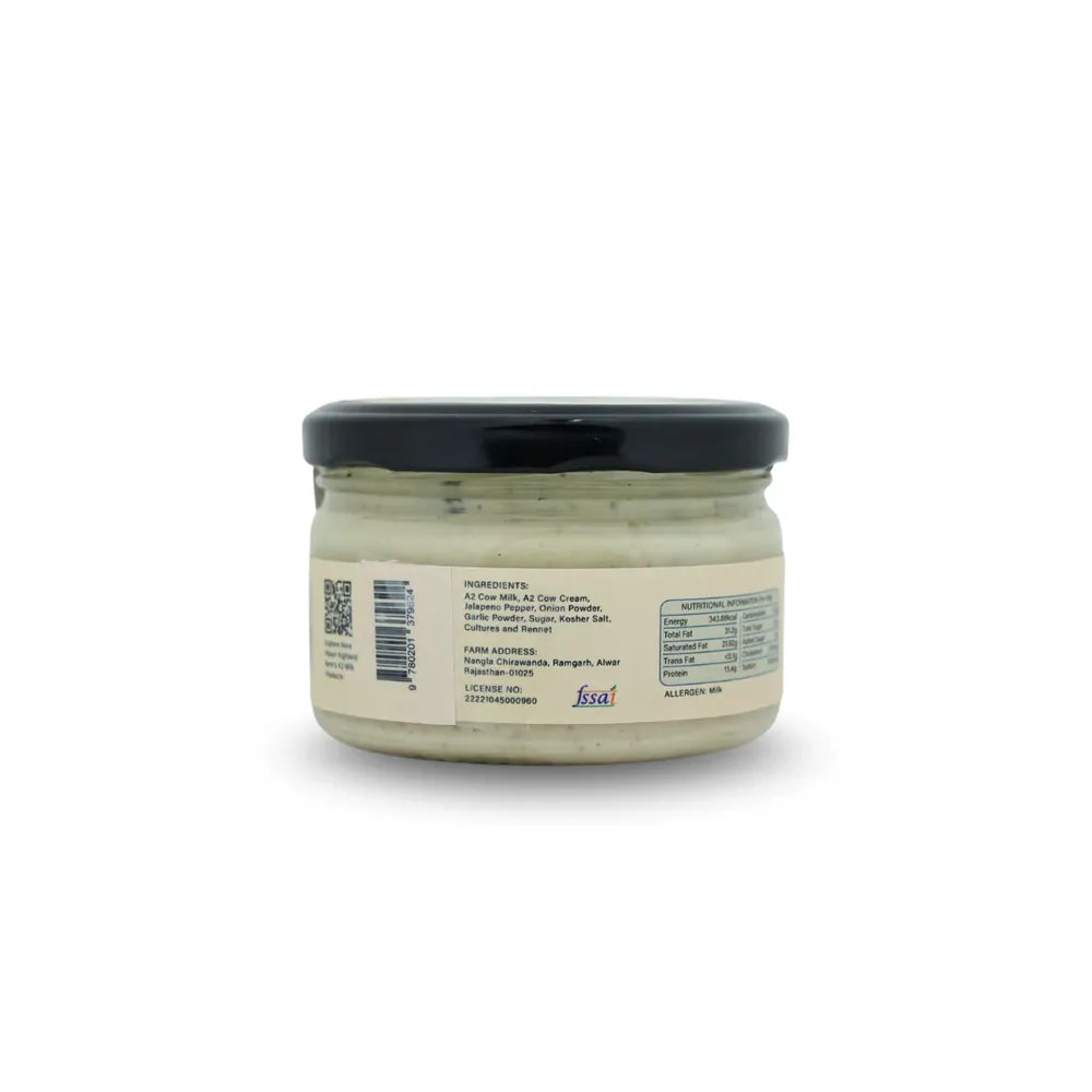 Back label of A2 cream cheese jar showing ingredients manufacturing details and FSSAI information Highland Farms