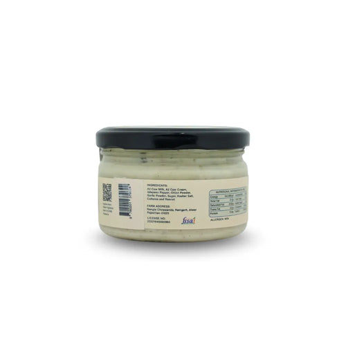 Back label of A2 cream cheese jar showing ingredients manufacturing details and FSSAI information Highland Farms