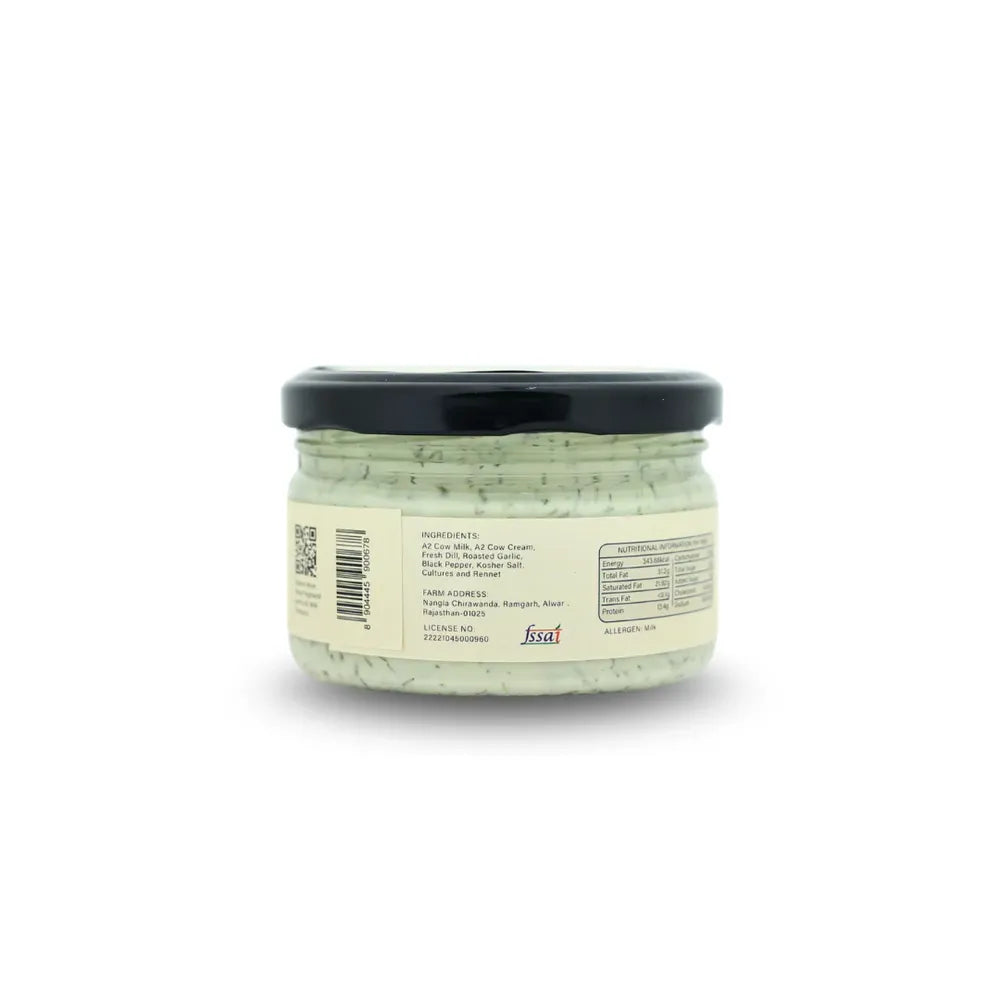 Ingredients and nutrition facts of A2 cream cheese fresh dill showing protein fat and natural ingredients