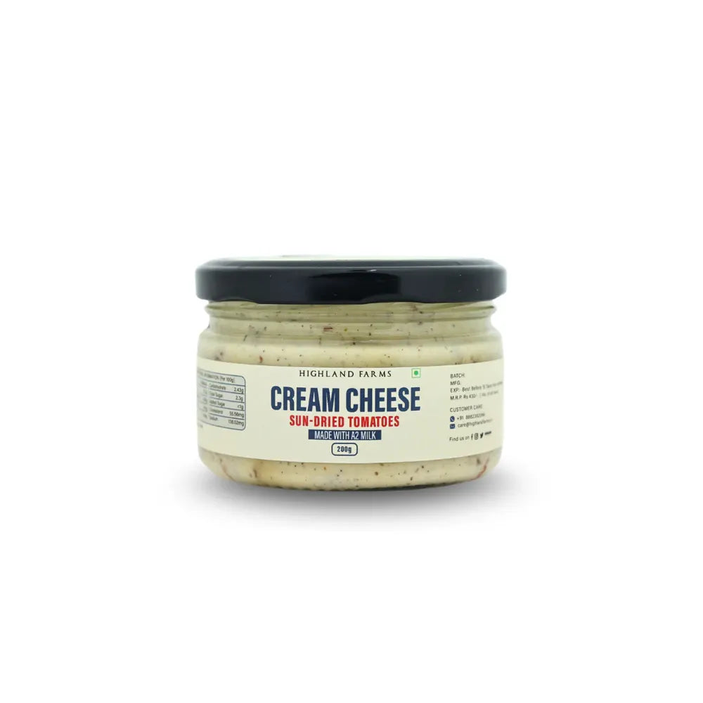A2 cream cheese sun dried tomato made from desi cow milk Highland Farms 200g jar front view Delhi NCR