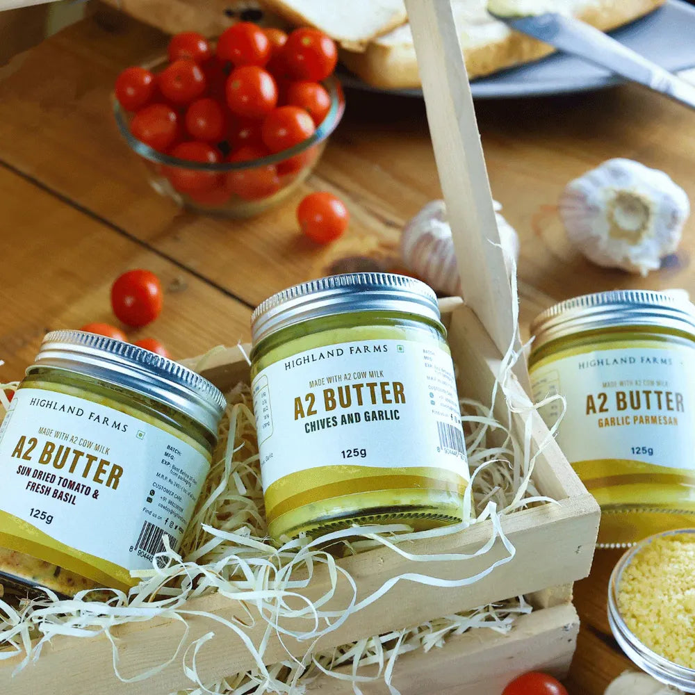 Highland Farms A2 flavored butter collection garlic parmesan chives garlic and basil butter gourmet dairy products