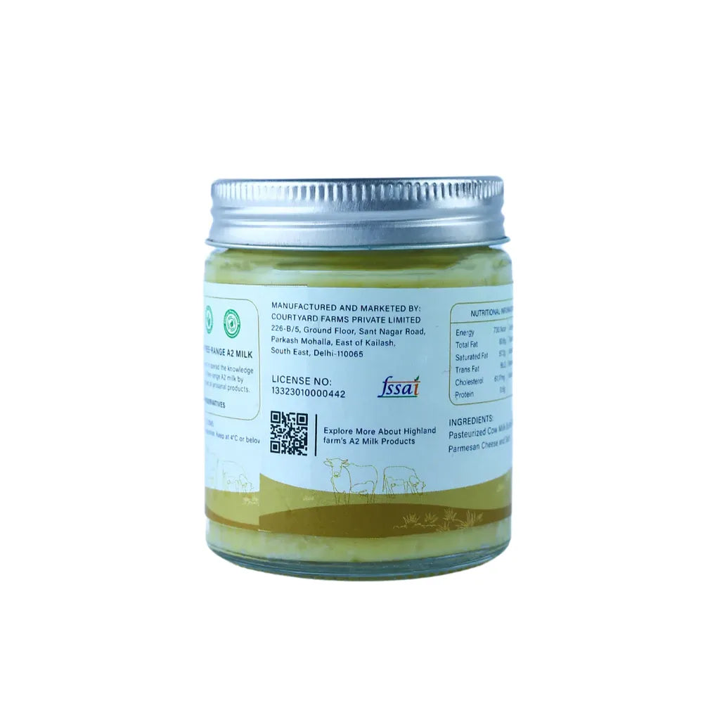 A2 garlic parmesan butter back label with FSSAI and manufacturer details Highland Farms dairy product India