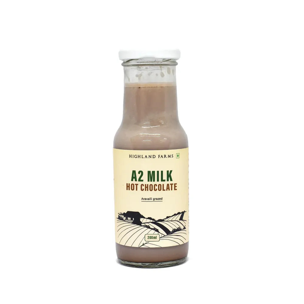 A2 milk hot chocolate 200ml bottle by Highland Farms made from desi cow milk rich chocolate drink in Delhi NCR