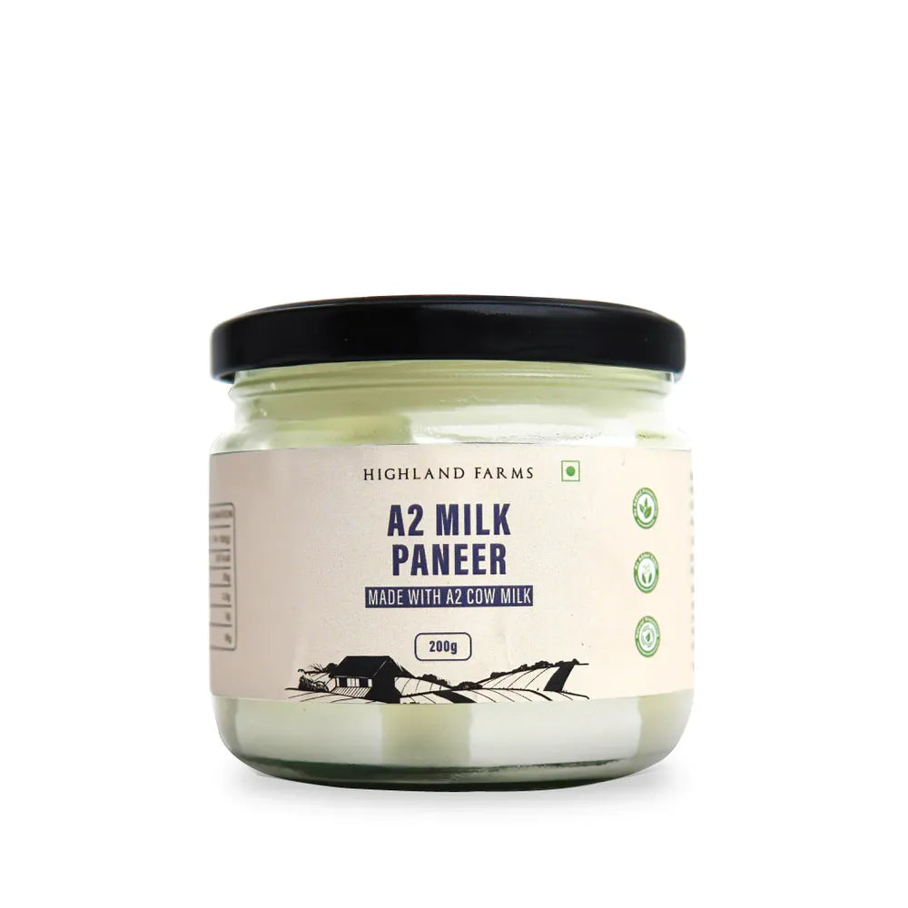 Highland Farms A2 milk paneer in glass jar 200g fresh preservative free paneer