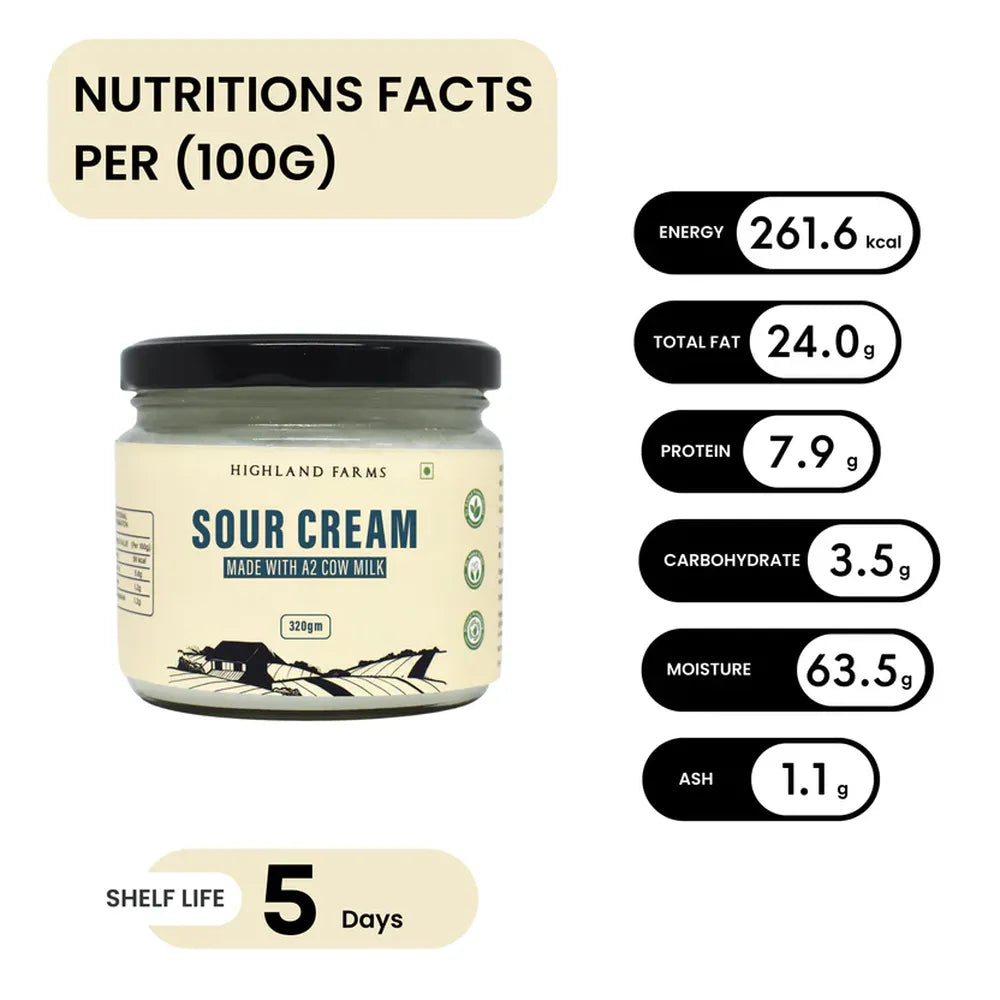 A2 sour cream nutrition facts per 100g showing protein fat and calories Highland Farms