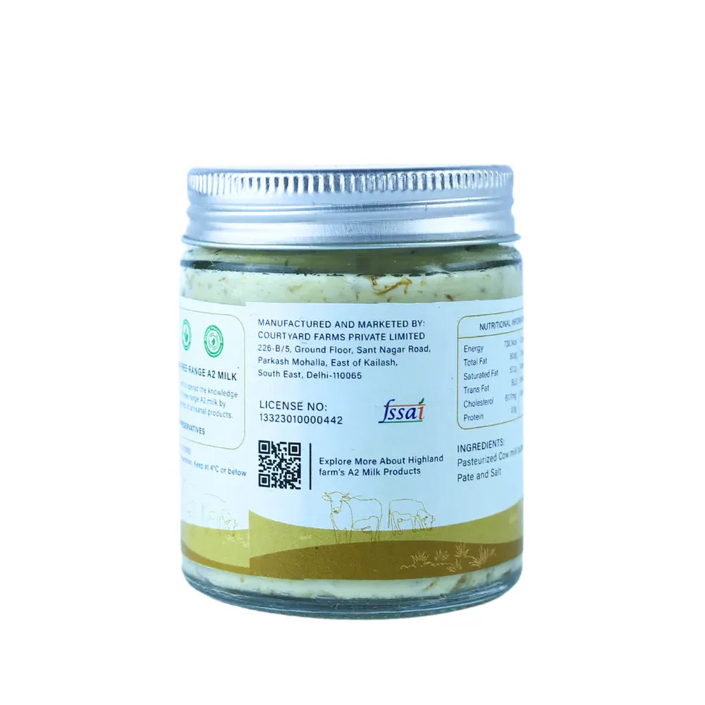 A2 sundried tomato basil butter back label with FSSAI and manufacturer details Highland Farms butter jar