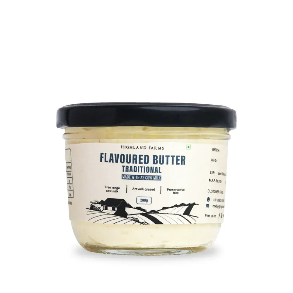 A2 butter spread on bread showing creamy texture and usage of Highland Farms flavoured butter for daily meals