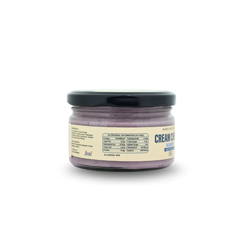 Ingredients of blueberry A2 cream cheese showing milk cream blueberries and natural flavoring Highland Farms