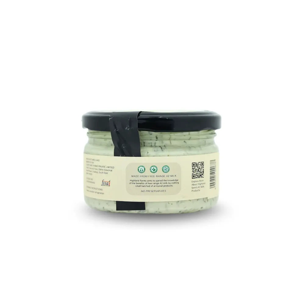 Nutrition label of fresh dill A2 cream cheese showing protein fat and calories Highland Farms Delhi NCR
