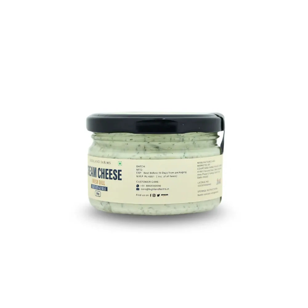 Highland Farms fresh dill A2 cream cheese jar side angle showing packaging and texture Delhi NCR