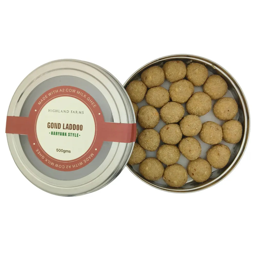gond laddoo packaging box showing multiple laddoos made with desi cow ghee and natural ingredients