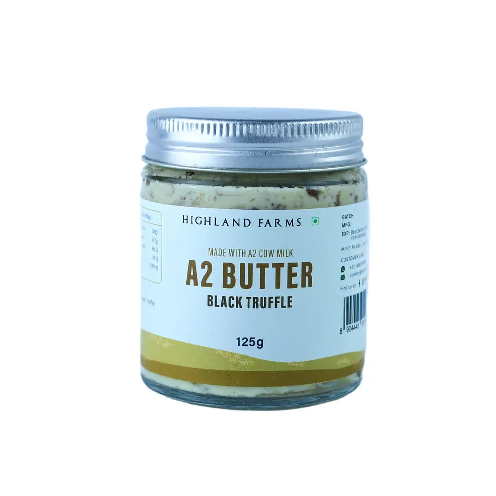 Highland Farms A2 butter black truffle 125g jar front packaging premium artisanal butter India