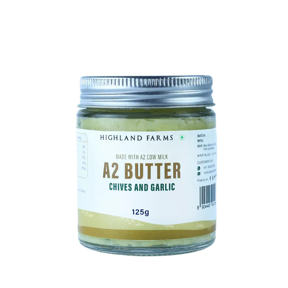 Highland Farms A2 butter chives and garlic 125g jar front packaging premium flavored butter India