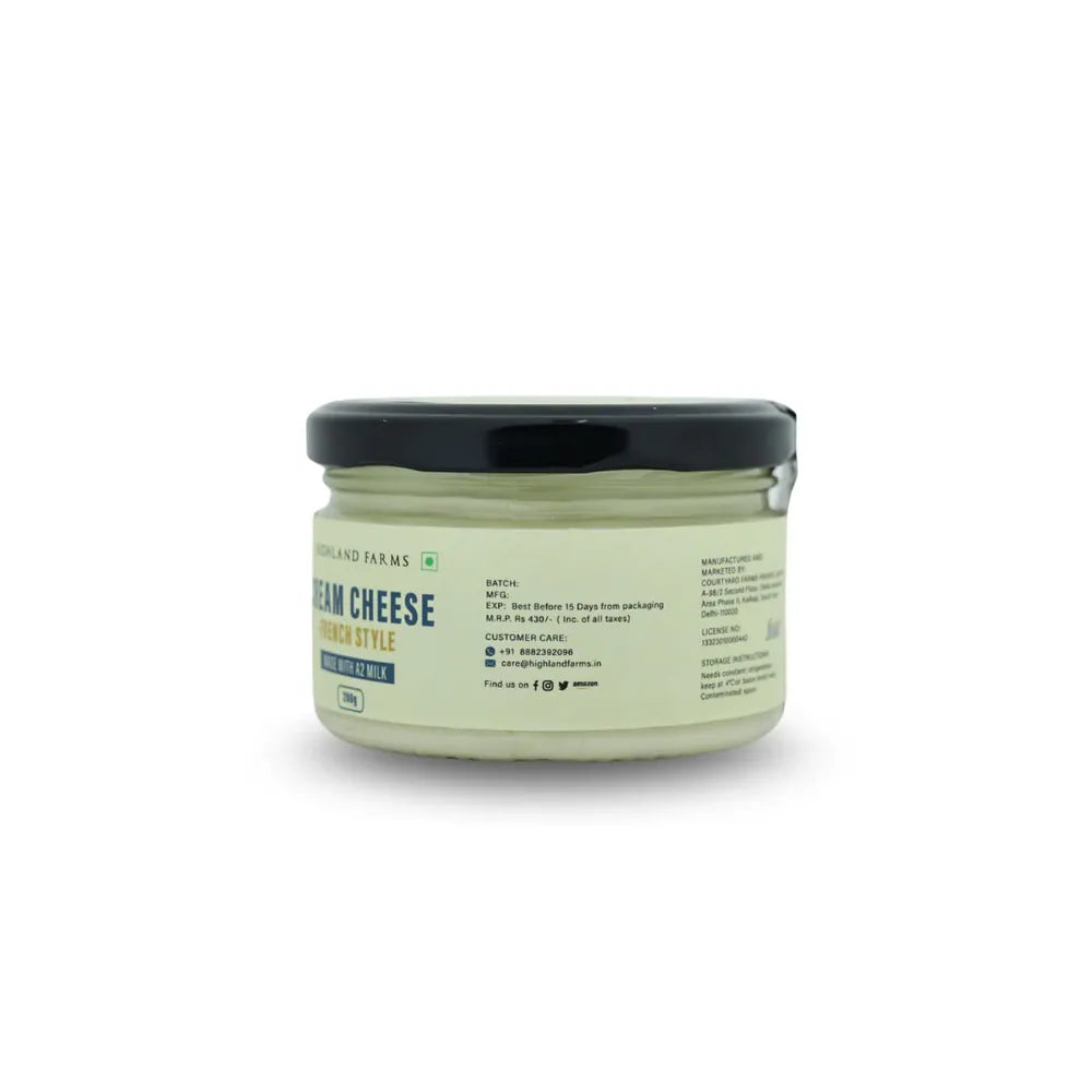Highland Farms A2 cream cheese jar side angle showing packaging and details made from A2 milk Delhi NCR