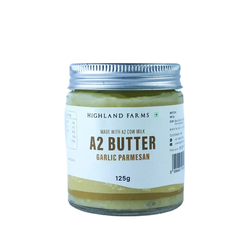 Highland Farms A2 butter garlic parmesan 125g jar premium flavored butter made from desi cow milk