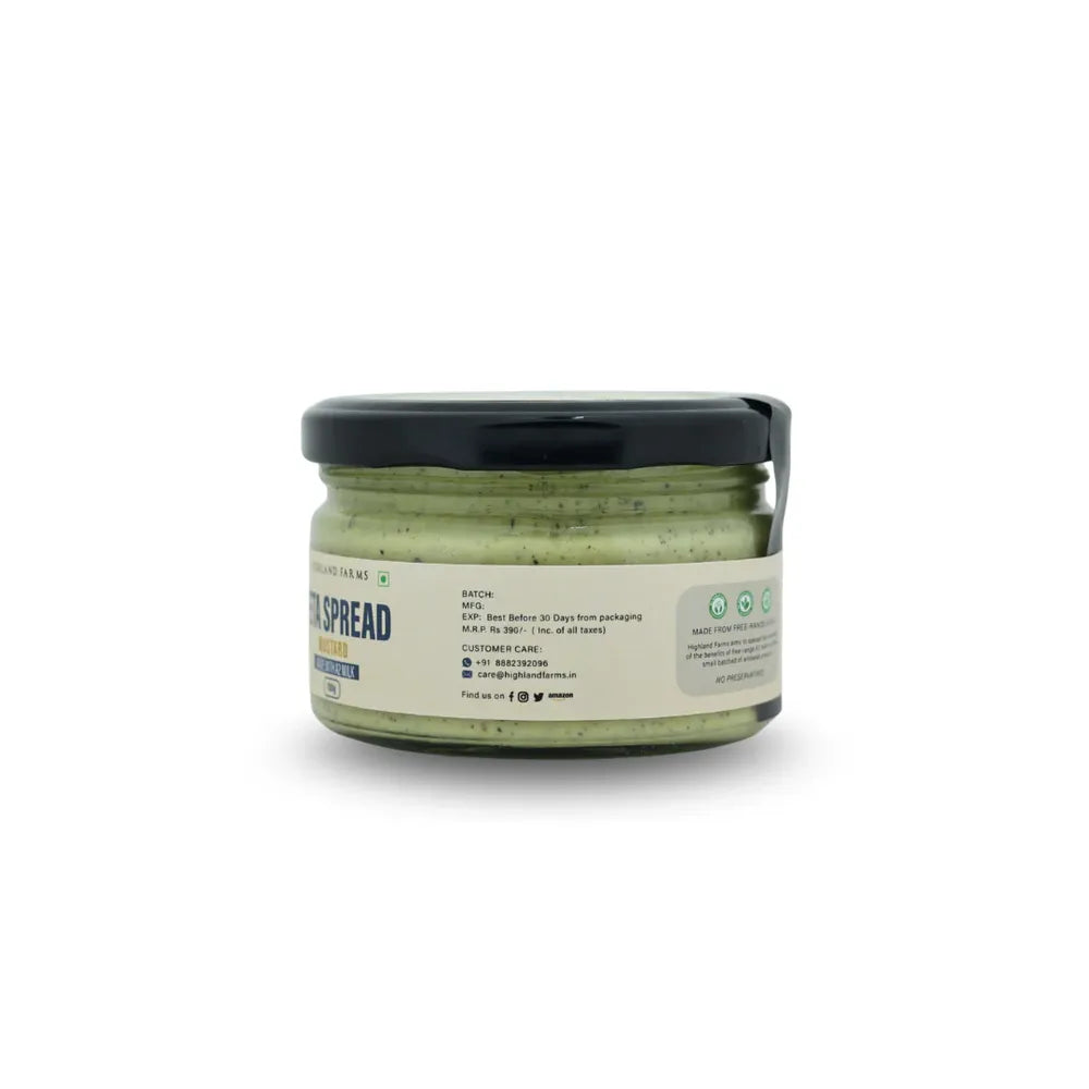 Side view Highland Farms feta mustard spread A2 milk artisanal gourmet cheese dip made with kasundi mustard India