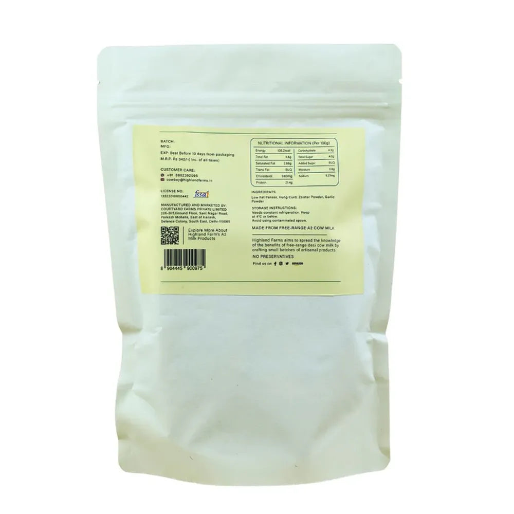 Marinated A2 paneer rosemary chilli flakes back label nutrition facts ingredients and FSSAI details Highland Farms