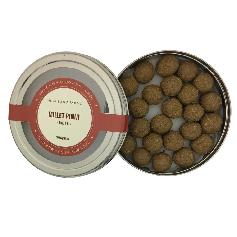 Millet pinni bajra laddu box with multiple laddus traditional Indian sweet A2 ghee Highland Farms