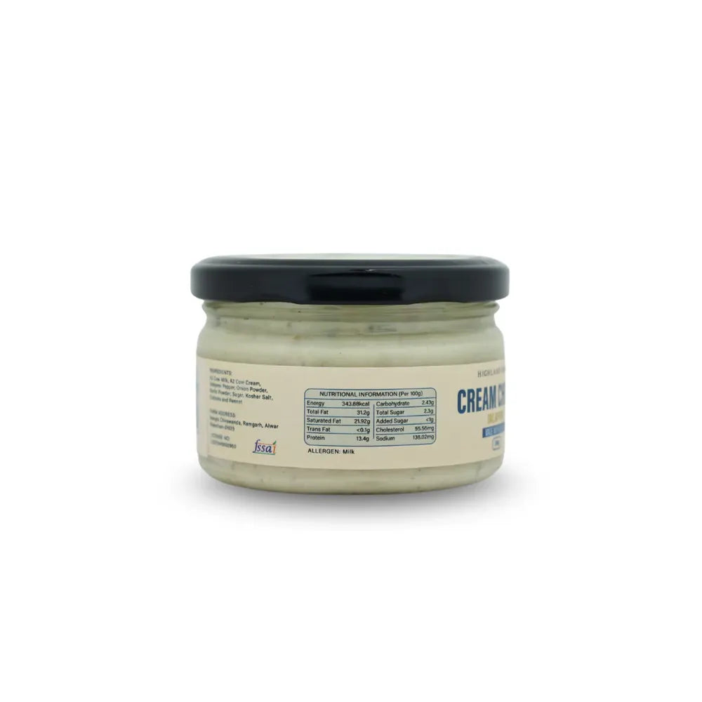 Ingredients and nutrition facts of jalapeno cream cheese made from A2 cow milk showing fat protein and calorie details