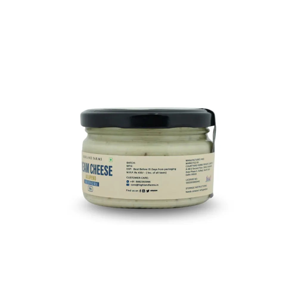 Side view of jalapeno cream cheese jar showing product details and packaging information Highland Farms