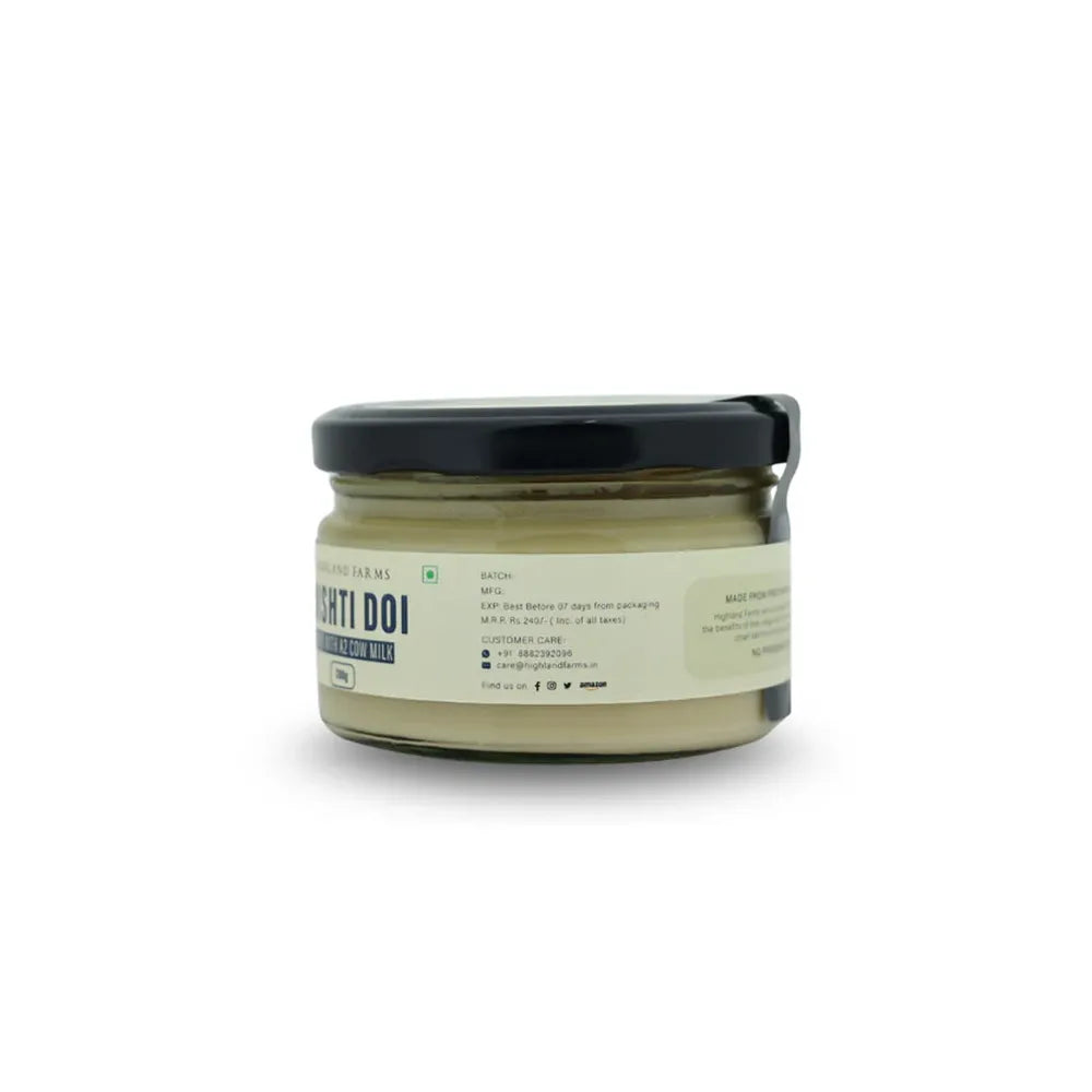 Mishti doi A2 milk sweet yogurt jar side view Highland Farms traditional Bengali dessert