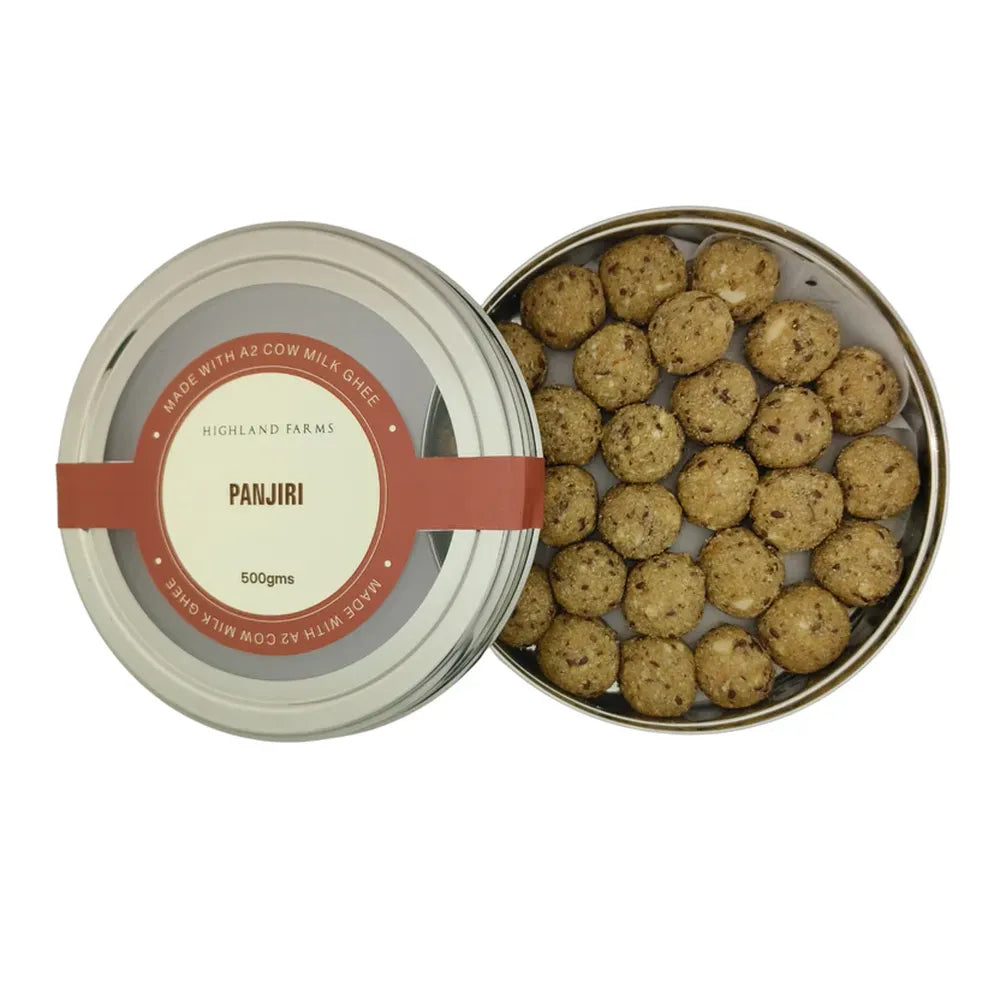 Highland Farms panjiri laddu box pack top view traditional A2 ghee sweet with dry fruits