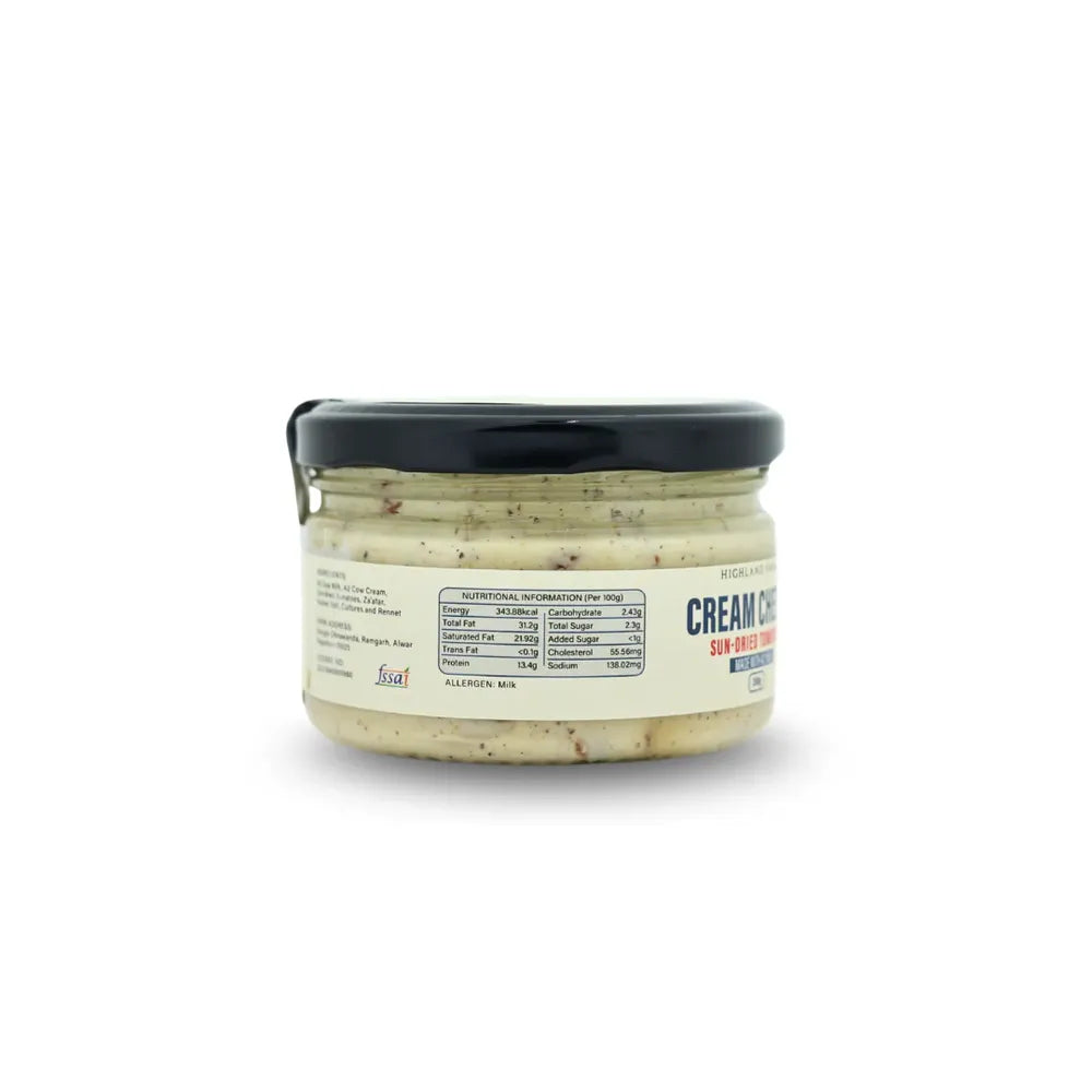 Ingredients of sun dried tomato A2 cream cheese showing milk cream tomatoes and natural seasoning Highland Farms